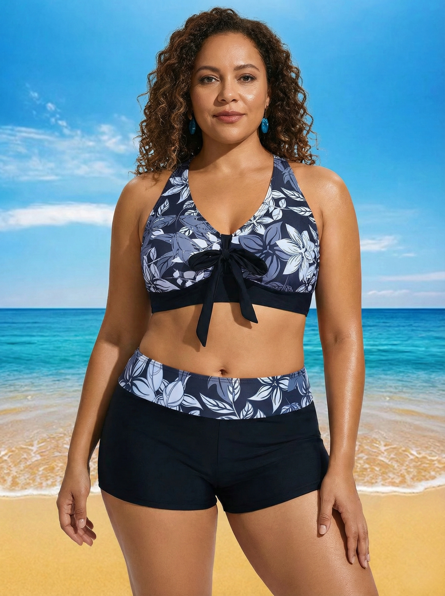 Floral Print Tie-Front Bikini for Women - Black V-Neck Bikini Top and High Waisted Boy Short Bottoms Black