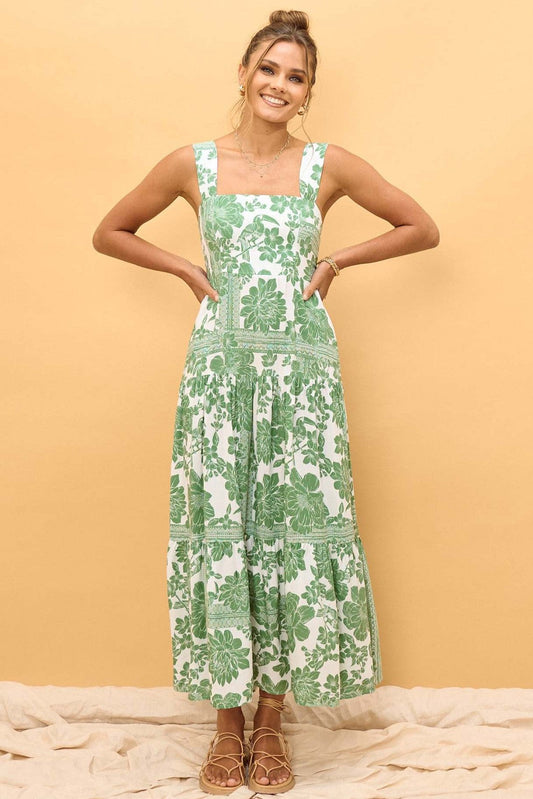 New High-End Beach Floral Print Long Camisole Dress Green
