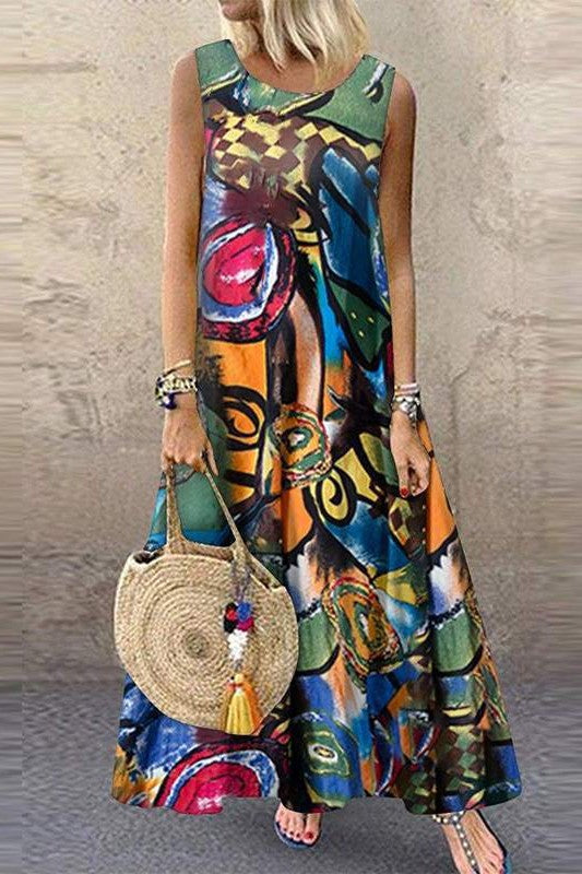 Oversized Round-Neck Sleeveless Maxi Dress with Print Green