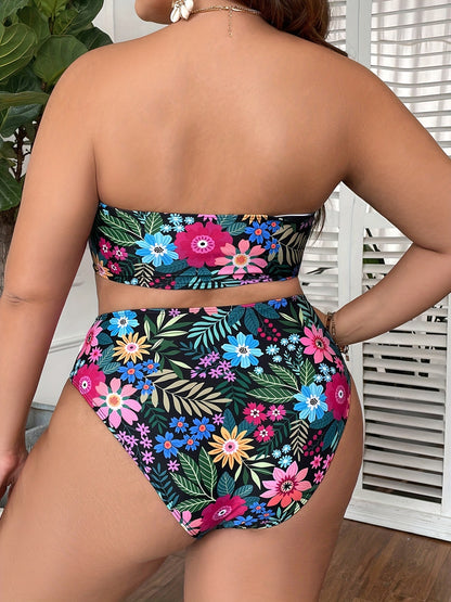 Plus-Size Floral Bandeau Two-Piece Swimsuit with High-Waisted Bottom
