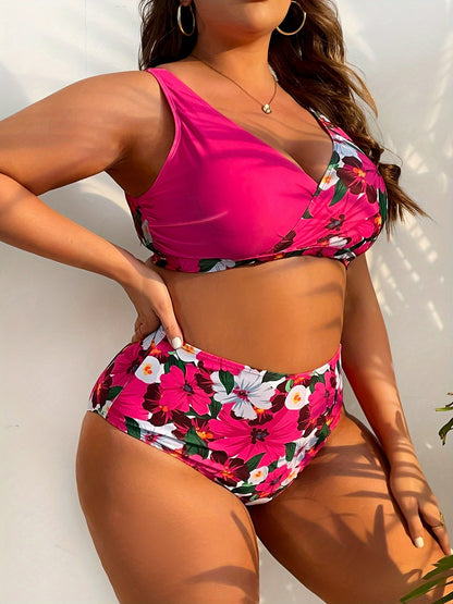 Plus-Size Floral Crossover High-Waist Bikini Set