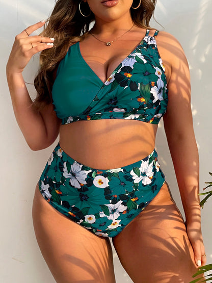 Plus-Size Floral Crossover High-Waist Bikini Set