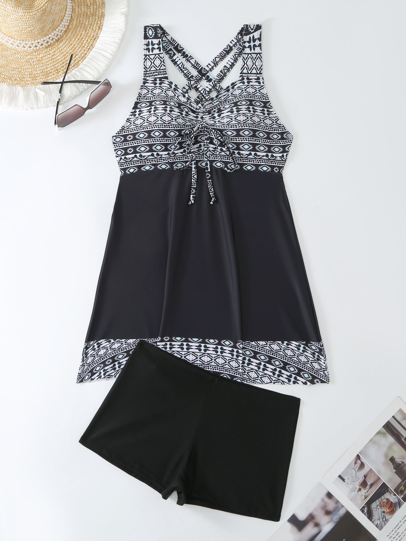 Plus Size Pink & Blue Abstract Print Swim Dress - Flattering Ruched Front