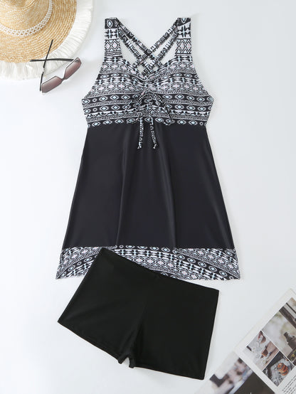 Plus Size Pink & Blue Abstract Print Swim Dress - Flattering Ruched Front