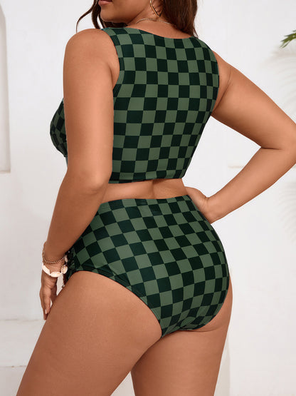 Plus-Size Checkerboard Tie-Front High-Waist Bikini Set