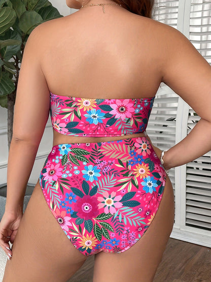 Plus-Size Floral Bandeau Two-Piece Swimsuit with High-Waisted Bottom