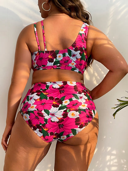 Plus-Size Floral Crossover High-Waist Bikini Set
