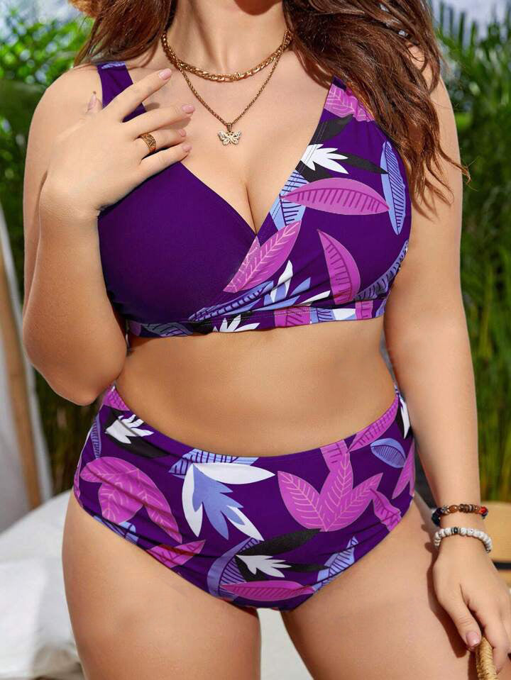 Plus-Size Floral Crossover High-Waist Bikini Set
