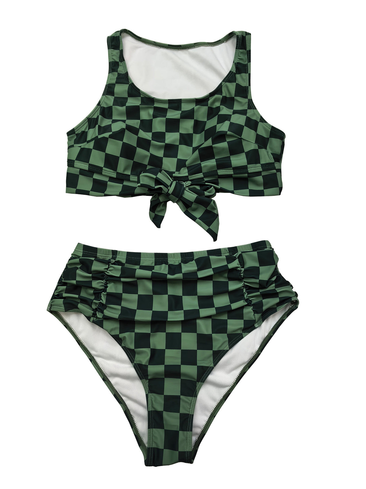 Plus-Size Checkerboard Tie-Front High-Waist Bikini Set