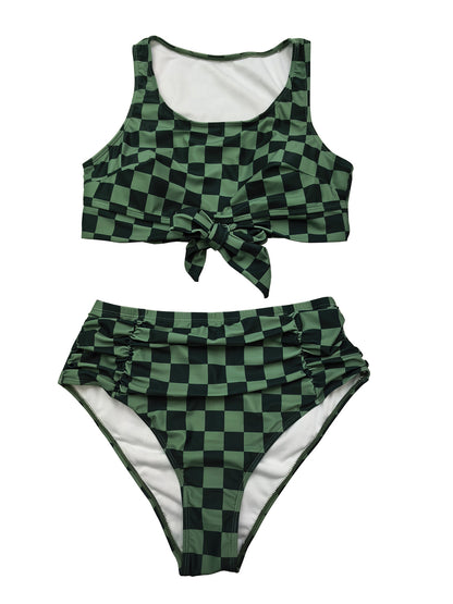 Plus-Size Checkerboard Tie-Front High-Waist Bikini Set