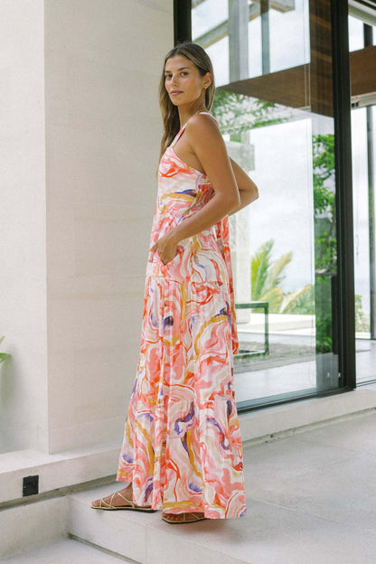 New High-End Beach Floral Print Long Camisole Dress Pink