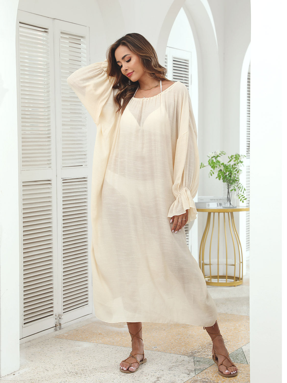 Plus Size Relaxed Long Sleeve Maxi Beach Cover-Up