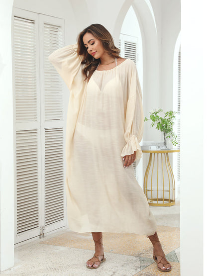 Plus Size Relaxed Long Sleeve Maxi Beach Cover-Up