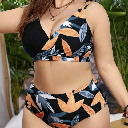 Plus-Size Floral Crossover High-Waist Bikini Set