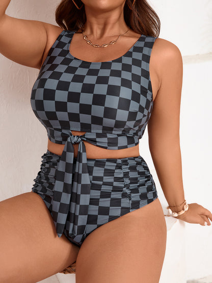 Plus-Size Checkerboard Tie-Front High-Waist Bikini Set