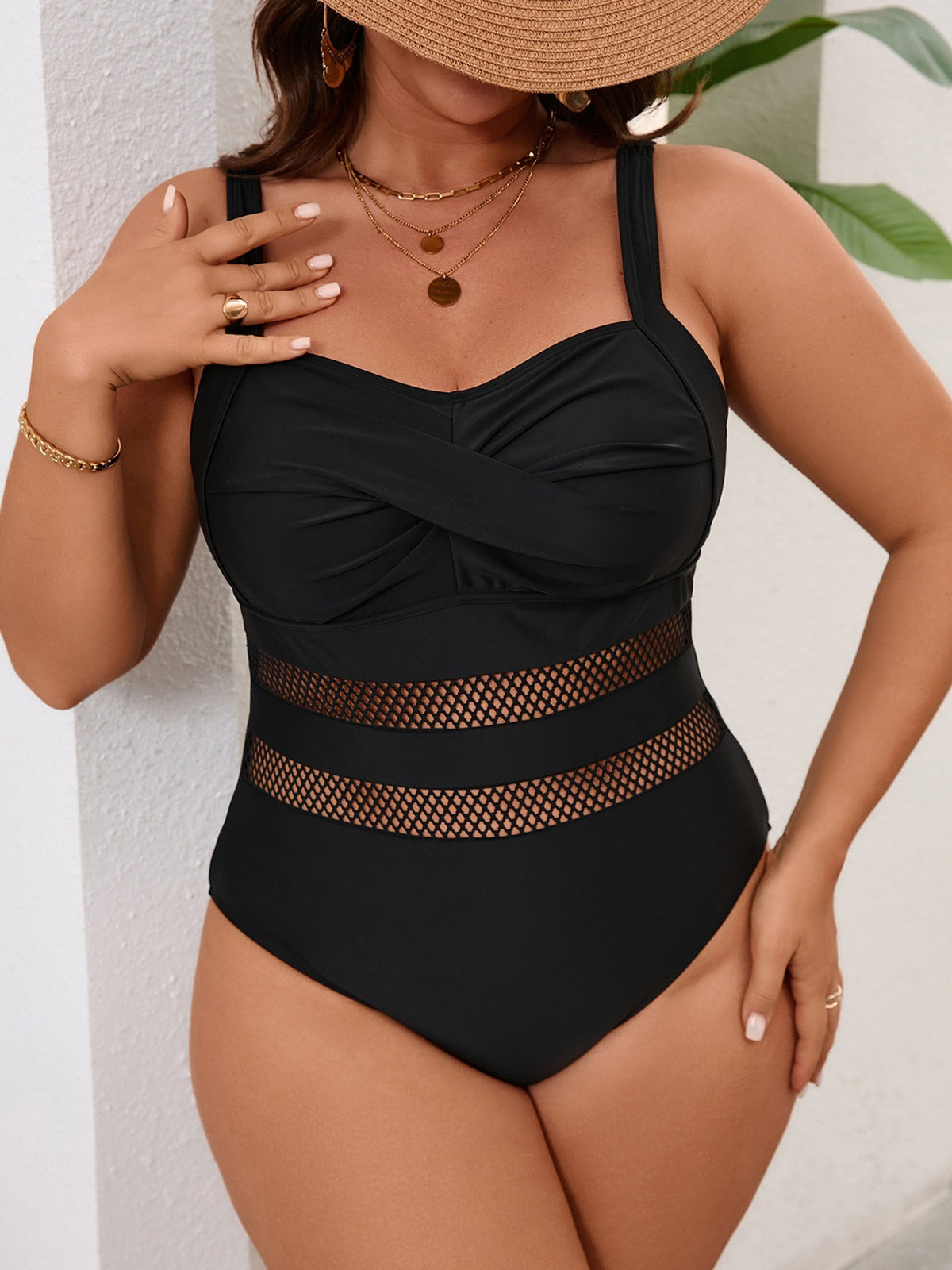 Plus-Size Black Twist-Front One-Piece Swimsuit with Mesh Waist Panels