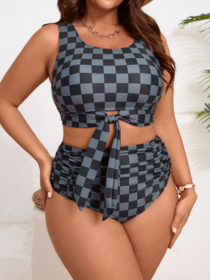 Plus-Size Checkerboard Tie-Front High-Waist Bikini Set