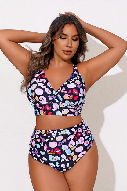 Plus Size Vibrant Abstract Print High-Waist Bikini