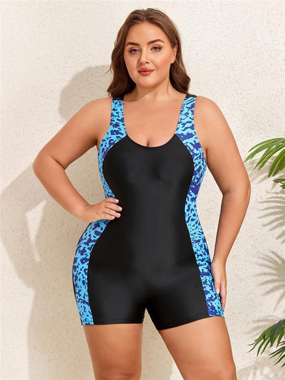 Plus-Size Printed Side Panel Boyleg One-Piece Swimsuit
