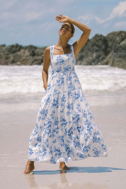 New High-End Beach Floral Print Long Camisole Dress White & Blue
