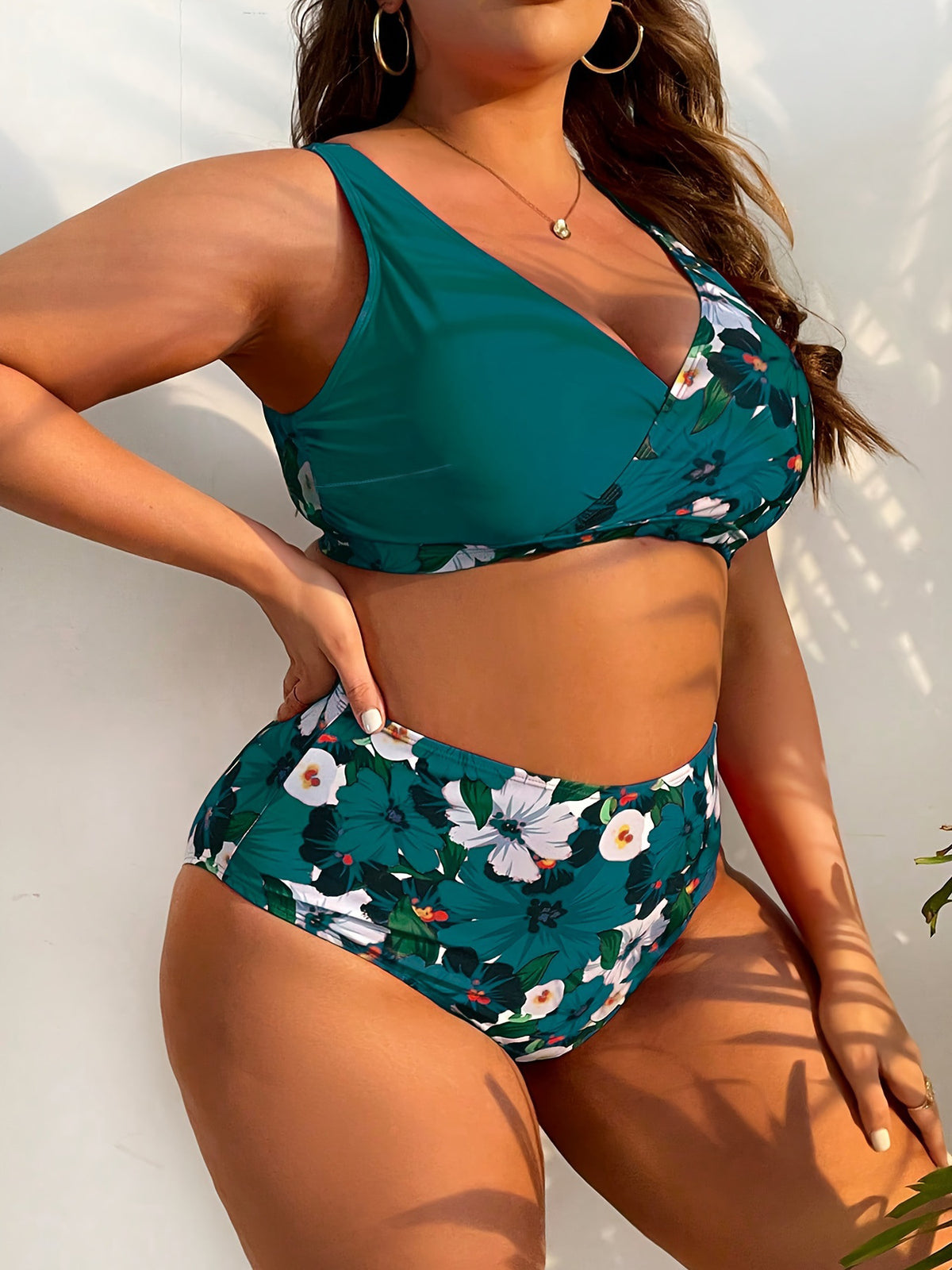 Plus-Size Floral Crossover High-Waist Bikini Set