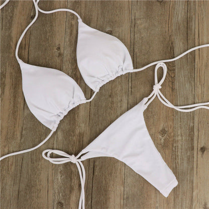 New Arrival Bikini Set – Solid Color Triangle Top & Adjustable Tied Bottom White