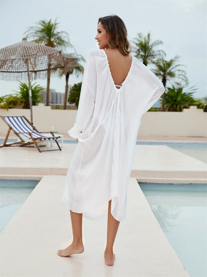 Plus Size Relaxed Long Sleeve Maxi Beach Cover-Up
