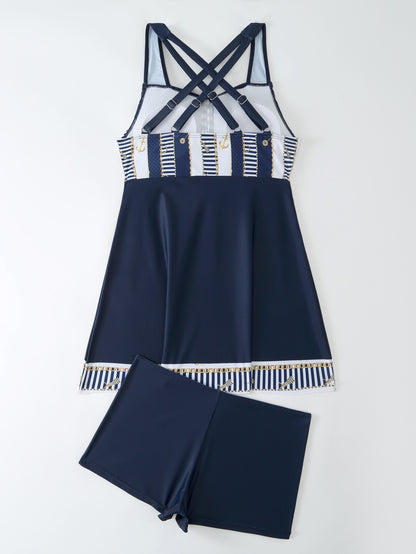 Plus Size Pink & Blue Abstract Print Swim Dress - Flattering Ruched Front