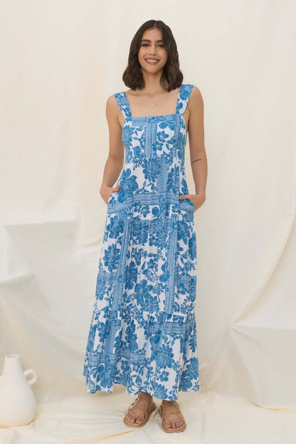 New High-End Beach Floral Print Long Camisole Dress Blue