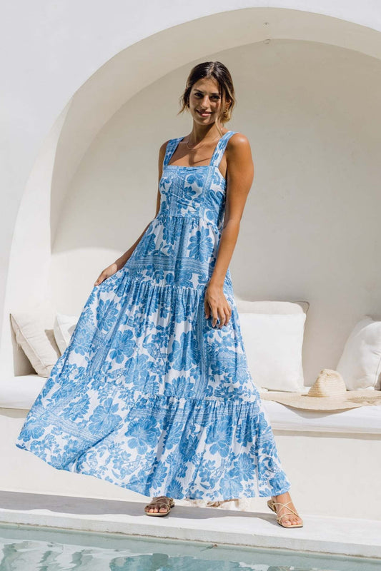 New High-End Beach Floral Print Long Camisole Dress Blue