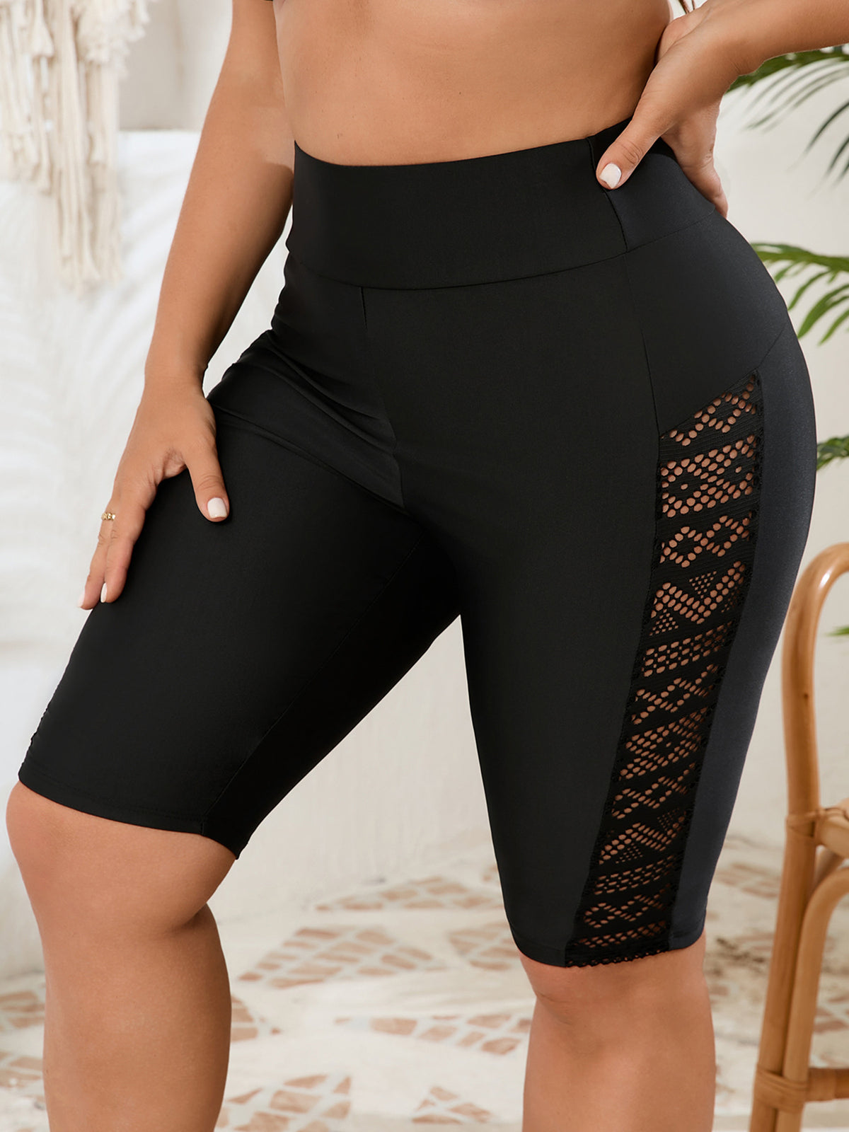 Plus-Size High-Waisted Long Swim Shorts with Mesh Side Panels