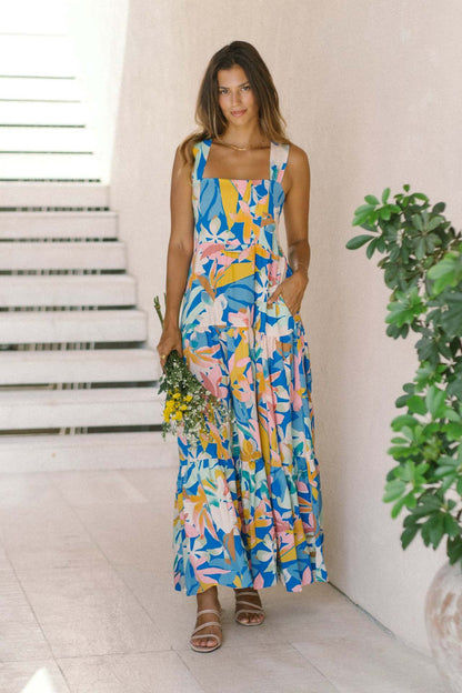 New High-End Beach Floral Print Long Camisole Dress Multicolor