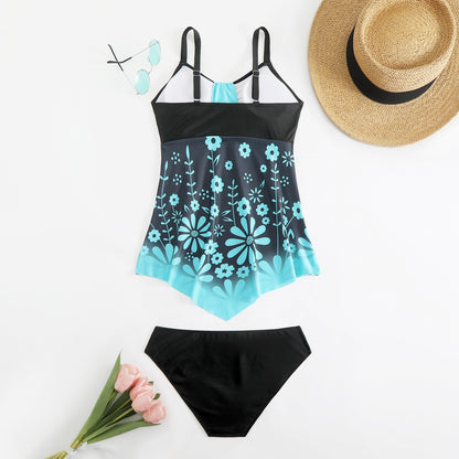 Floral Print Cyan Ombre Swimdress And Panty Rose Red