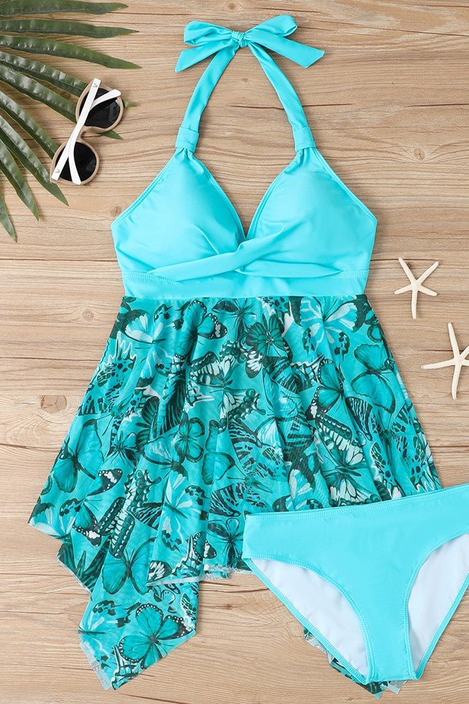 Asymmetric Hem Brushstroke Print Color Block Swimdress