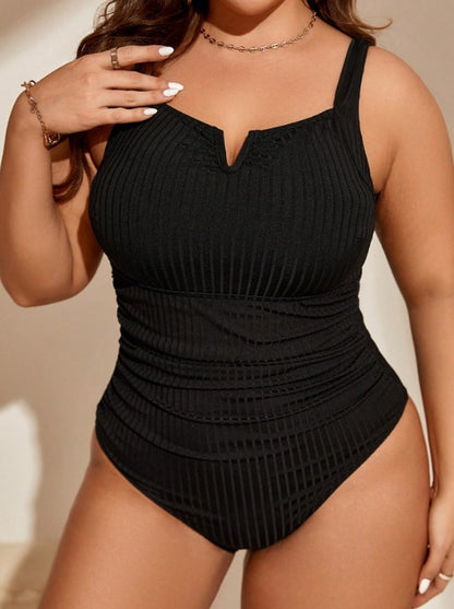 Plus-Size Ribbed Ruched Tummy-Control One-Piece Swimsuit