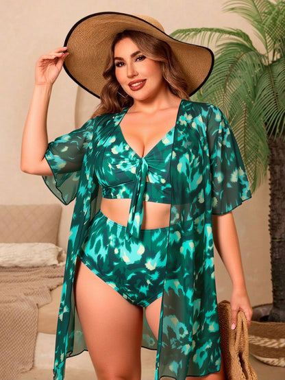 Plus-Size Printed Three-Piece Bikini Set with High-Waist Bottom and Sheer Cover-Up