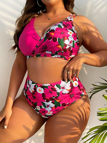 Plus-Size Floral Crossover High-Waist Bikini Set