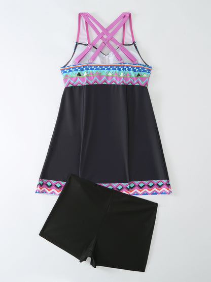 Plus Size Pink & Blue Abstract Print Swim Dress - Flattering Ruched Front