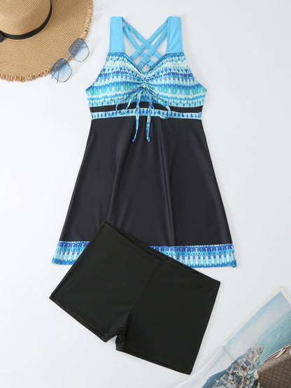 Plus Size Pink & Blue Abstract Print Swim Dress - Flattering Ruched Front