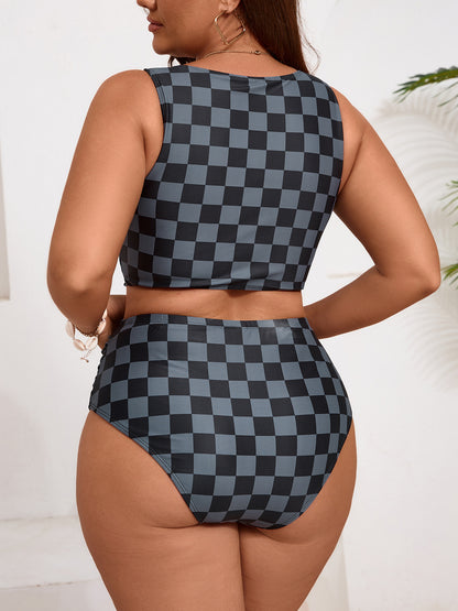 Plus-Size Checkerboard Tie-Front High-Waist Bikini Set