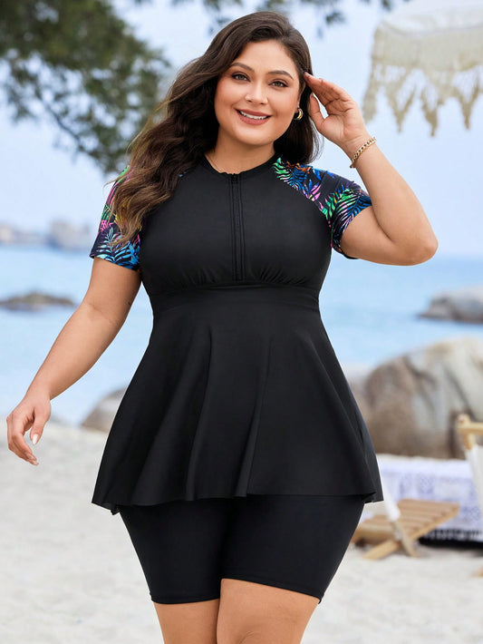 Modest Short Sleeve Zippered Swim Set with Tummy Control