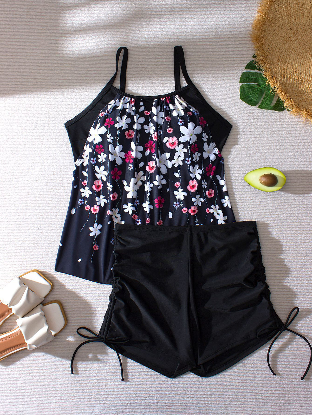 Plus-Size Black Floral Tankini Set with Drawstring Boyshorts