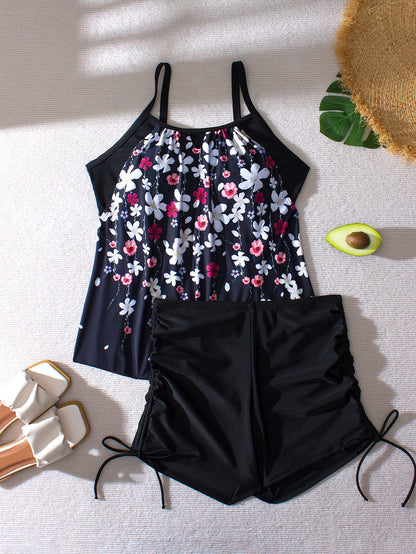 Plus-Size Black Floral Tankini Set with Drawstring Boyshorts