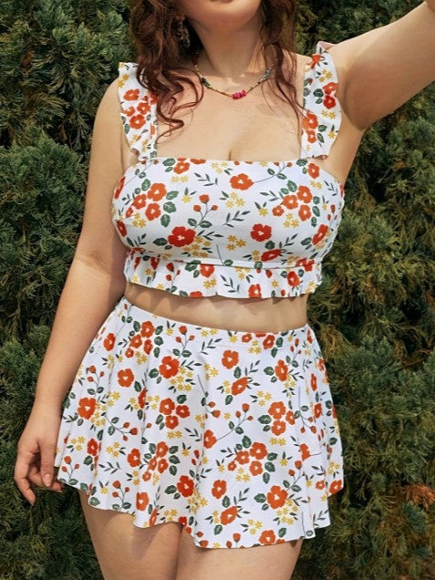 Plus-Size Floral Ruffle-Strap Three-Piece Skirted Swim Set