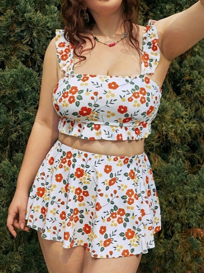 Plus-Size Floral Ruffle-Strap Three-Piece Skirted Swim Set