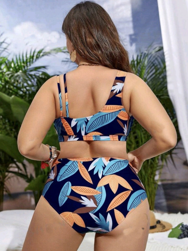 Plus-Size Floral Crossover High-Waist Bikini Set