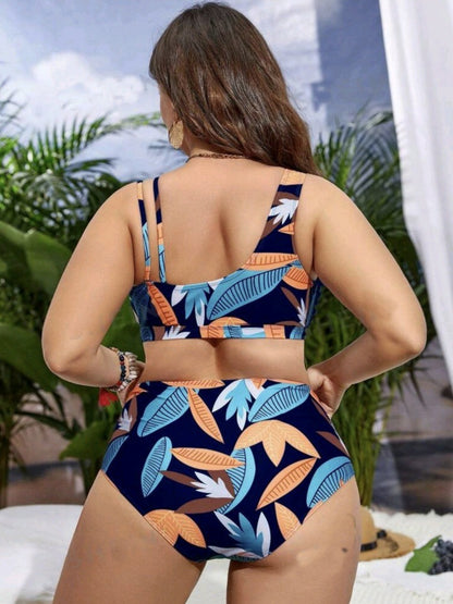 Plus-Size Floral Crossover High-Waist Bikini Set