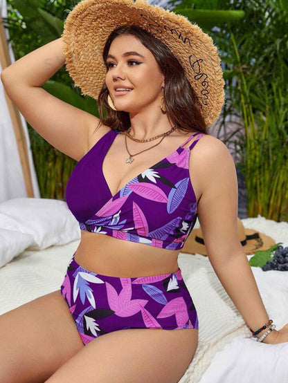 Plus-Size Floral Crossover High-Waist Bikini Set