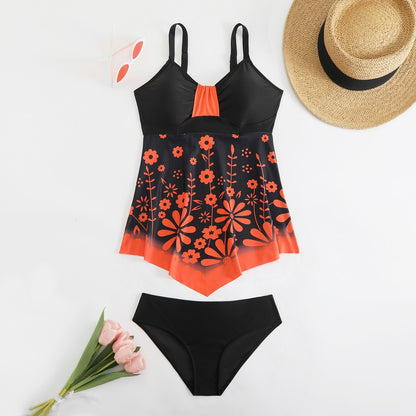 Floral Print Cyan Ombre Swimdress And Panty Rose Red