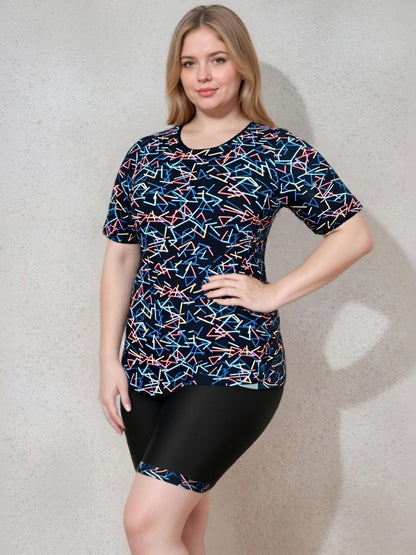 Women's Plus Size Short Sleeve Rash Guard Set - Modest Two-Piece Swimsuit with Boy-Leg Shorts